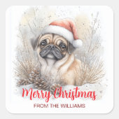 Sticker Carré Aquarelle Carlin Santa Hat Joyeux Noël (Devant)