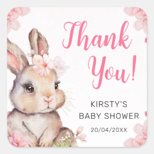 Sticker Carré Aquarelle Cerisier Fleurs Baby shower lapin