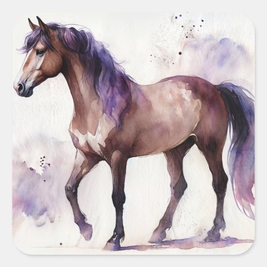 Sticker Carré Aquarelle Cheval Brown Avec Violet (Devant)