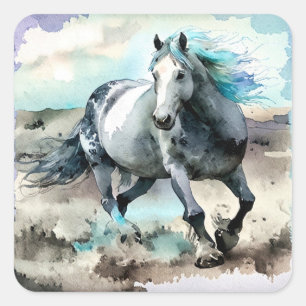 Sticker Carré Aquarelle Cheval de Trait Galopant