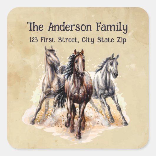 Sticker Carré Aquarelle Chevaux Ferme Art animal (Devant)