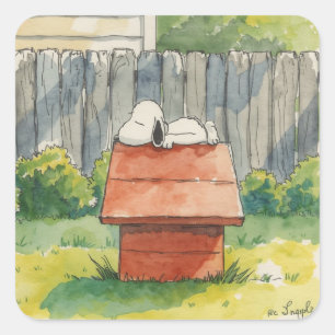 Sticker Carré Aquarelle Chien Endormi sur une niche rouge