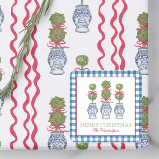 Sticker Carré Aquarelle Chinoiserie Noël Bow rouge Topio