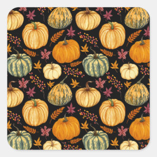Sticker Carré Aquarelle Citrouilles : Automne Motif sans couture