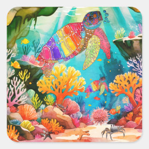 Sticker Carré Aquarelle colorée Tortue de mer