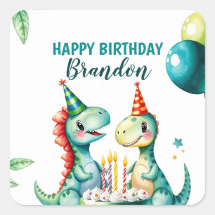Sticker Carré Aquarelle Colorée Trex Dinosaur 1er anniversaire