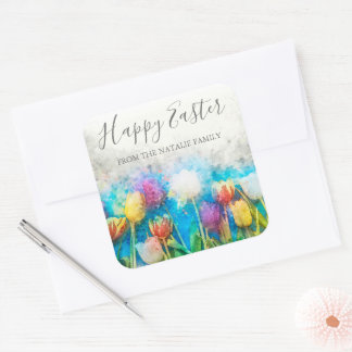 Sticker Carré Aquarelle Colorée Tulipes Florales Joyeux Pâques