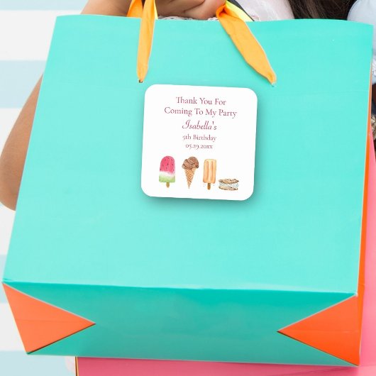Sticker Carré Aquarelle Crème glacée & Popsicles Merci anniversa