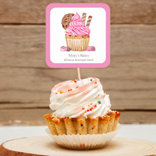 Sticker Carré Aquarelle Cupcake Rose Avec Boulangerie Au Chocola