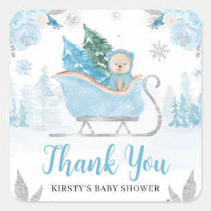 Sticker Carré Aquarelle Cute Bleu Baby shower d'ours d'hiver