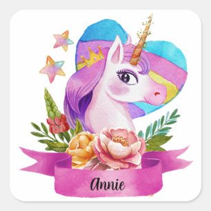 Sticker Carré Aquarelle Cute Unicorn Coeur Nom personnalisé