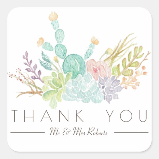 Sticker Carré Aquarelle de bouquet Succulente | MERCI (Devant)