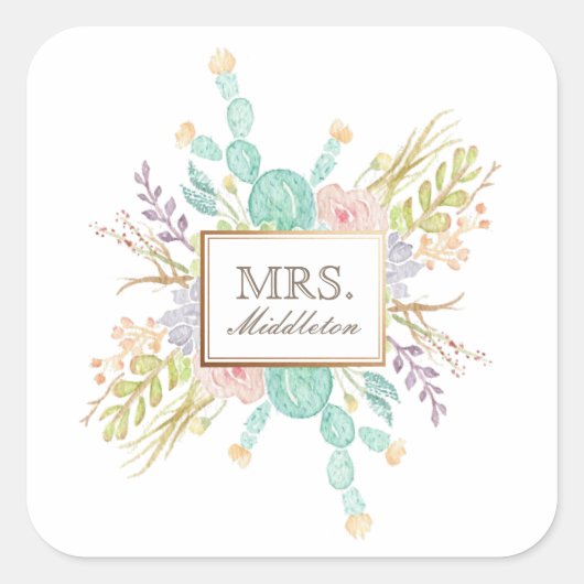 Sticker Carré Aquarelle de bouquet Succulente | Nom (Devant)