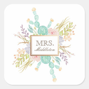 Sticker Carré Aquarelle de bouquet Succulente Nom