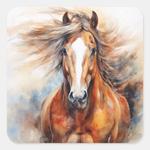 Sticker Carré Aquarelle de cheval brun et blanc