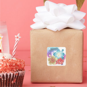 Sticker Carré Aquarelle de l'Hibiscus hawaïen