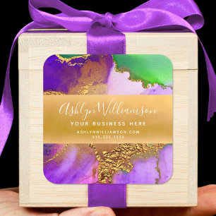 Sticker Carré Aquarelle de marbre moderne or violet vert script