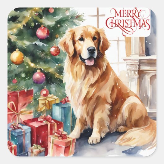 Sticker Carré Aquarelle de Noël Golden Retriever (Devant)