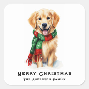 Sticker Carré Aquarelle de Noël Golden Retriever sur mesure