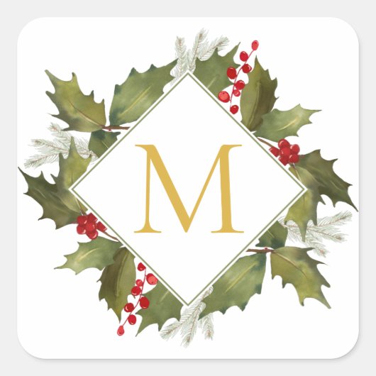 Sticker Carré Aquarelle de Noël Gros Monogramme Holly Wreath (Devant)