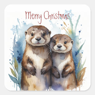 Sticker Carré Aquarelle de Noël mignonne Otter Couple Animaux