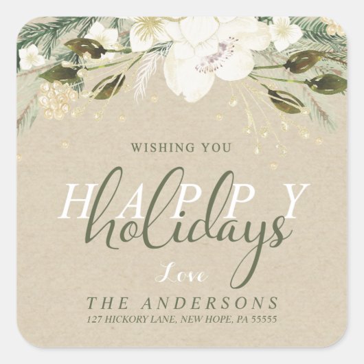 Sticker Carré Aquarelle de Noël sur Kraft Adresse de retour (Devant)