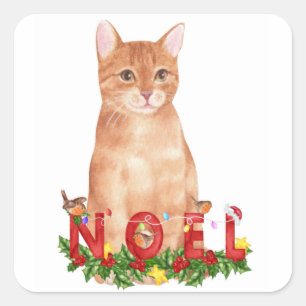 Sticker Carré Aquarelle de Noël Tabby Cat
