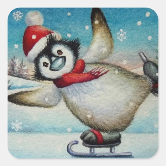 Sticker Carré Aquarelle de pingouin de Whimsical Patinage de gla (Devant)
