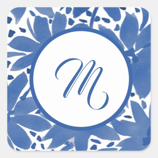 Sticker Carré Aquarelle Design Monogramme Blue Floral (Devant)