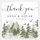 Sticker Carré Aquarelle d'hiver moderne Forêt verte avec neige (Devant)