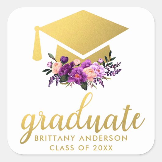 Sticker Carré Aquarelle dorée violet graduée Floral (Devant)