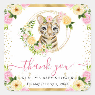 Sticker Carré Aquarelle Douce Fête de Naissance Fleur Jungle Tig