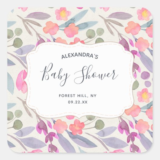 Sticker Carré Aquarelle Dreamy Floral | BABY SHOWER (Devant)