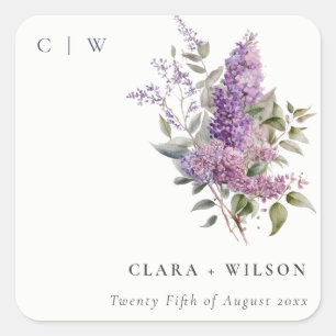 Sticker Carré Aquarelle Dusky Lilac Cottage Floral Mariage