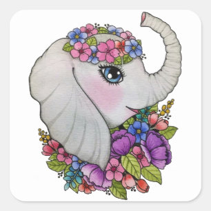 Sticker Carré Aquarelle Eléphant Avec Fleurs Sauvages