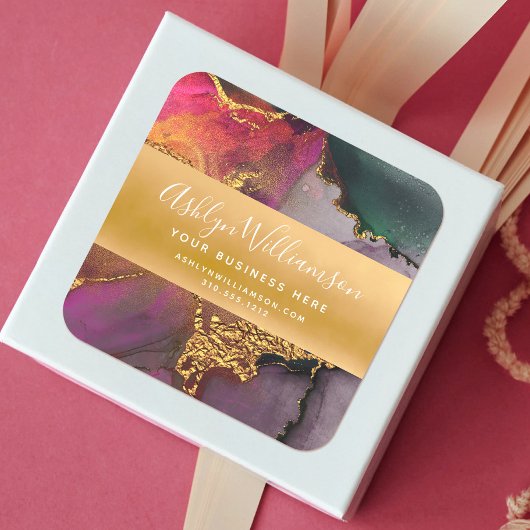 Sticker Carré Aquarelle en marbre moderne or rose violet vert