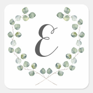 Sticker Carré Aquarelle Eucalyptus cadre feuille   Monogramme