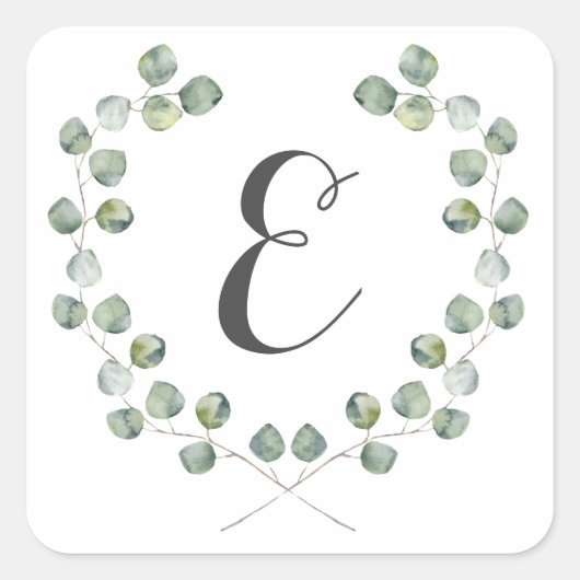 Sticker Carré Aquarelle Eucalyptus cadre feuille | Monogramme (Devant)