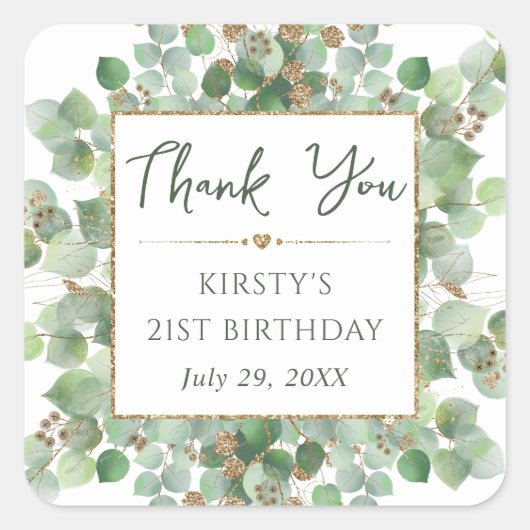 Sticker Carré Aquarelle Eucalyptus Folithe Anniversaire (Devant)