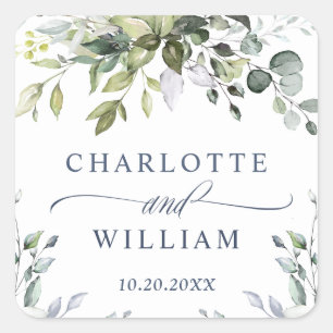 Sticker Carré Aquarelle Eucalyptus Merci Mariage vert