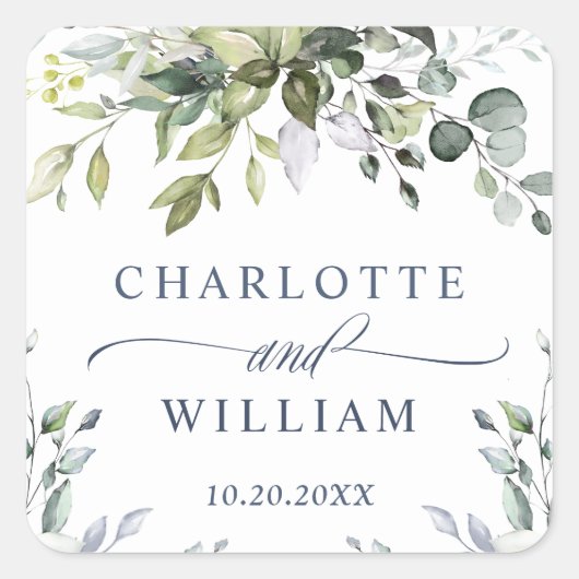 Sticker Carré Aquarelle Eucalyptus Merci Mariage vert (Devant)