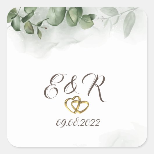 Sticker Carré Aquarelle Eucalyptus Vert Coeurs Mariage (Devant)