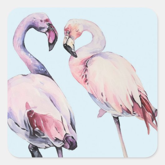 Sticker Carré Aquarelle Flamant rose peint Oiseaux (Devant)