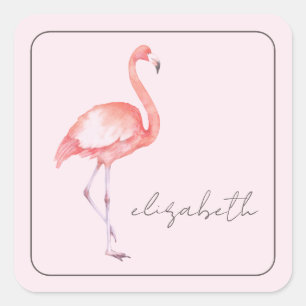 Sticker Carré Aquarelle Flamant rose rose personnalisé