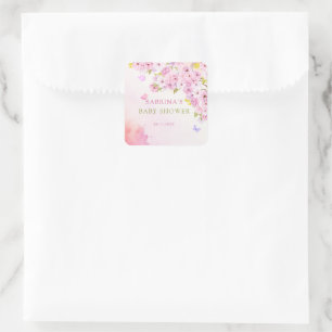 Sticker Carré Aquarelle Fleur de cerisier C'est un Baby shower d