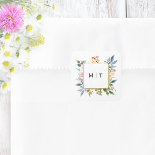 Sticker Carré Aquarelle Fleur sauvage Floral Mariage Monogramme