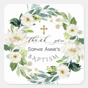 Sticker Carré Aquarelle Fleurs blanches Wreath Cross Baptism