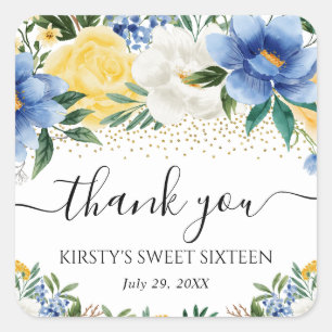 Sticker Carré Aquarelle Fleurs Bleues et Jaunes Sweet Sixteen