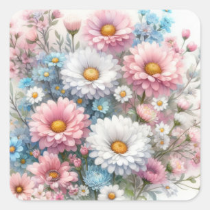 Sticker Carré Aquarelle Fleurs en pastels doux