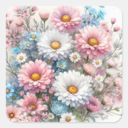 Sticker Carré Aquarelle Fleurs en pastels doux (Devant)